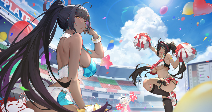 1boy 3girls absurdres ass bandaid bandaid_on_arm bandaid_on_thigh bay_(nikke) black_hair black_hairband blue_archive blue_skirt blue_sky blush breasts cheering cheerleader colored_inner_hair crop_top crossover dark-skinned_female dark_skin day doodle_sensei_(blue_archive) goddess_of_victory:_nikke grey_hair hairband halo highres holding holding_pom_poms karin_(blue_archive) large_breasts long_hair millennium_cheerleader_outfit_(blue_archive) miniskirt muffin_top multicolored_hair multiple_girls outdoors plana_(blue_archive) pleated_skirt pom_pom_(cheerleading) pom_poms ponytail purple_hair purple_halo red_hair red_plate_(kyuu45) red_skirt red_streaks sensei_(blue_archive) shoes skirt sky sneakers stadium standing standing_on_one_leg streaked_hair two-tone_skirt two-tone_tank_top underboob white_skirt yellow_eyes