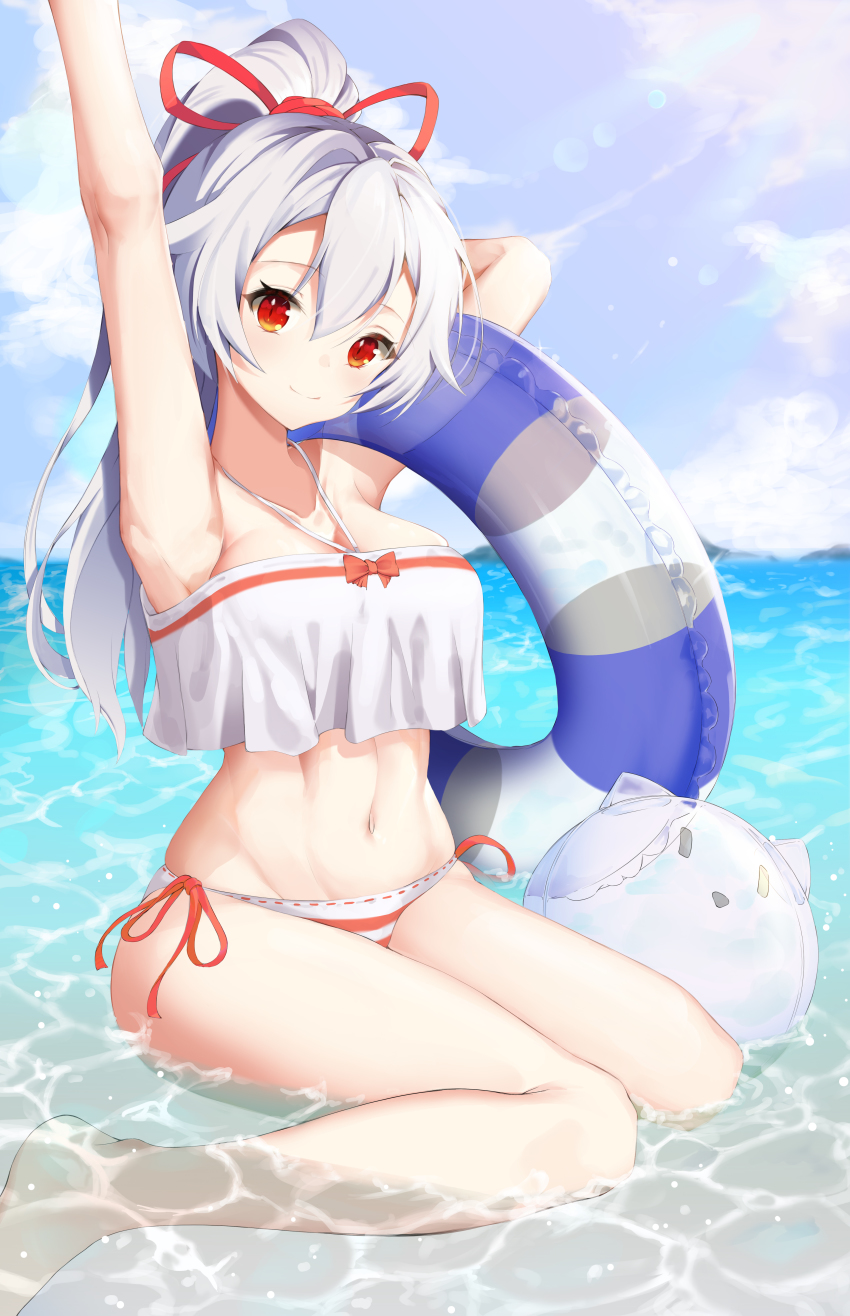 1girl absurdres armpits arms_up ball barefoot beachball bikini blush bow breasts cloud collarbone day fate/grand_order fate_(series) female_focus hair_bow hair_ribbon head_tilt highres in_water innertube light_blush long_hair looking_at_viewer medium_breasts navel ocean ponytail puto_(put_to_) red_bow red_eyes red_ribbon ribbon side-tie_bikini_bottom silver_hair sitting smile solo striped_bikini striped_clothes swim_ring swimsuit tomoe_gozen_(fate) white_bikini