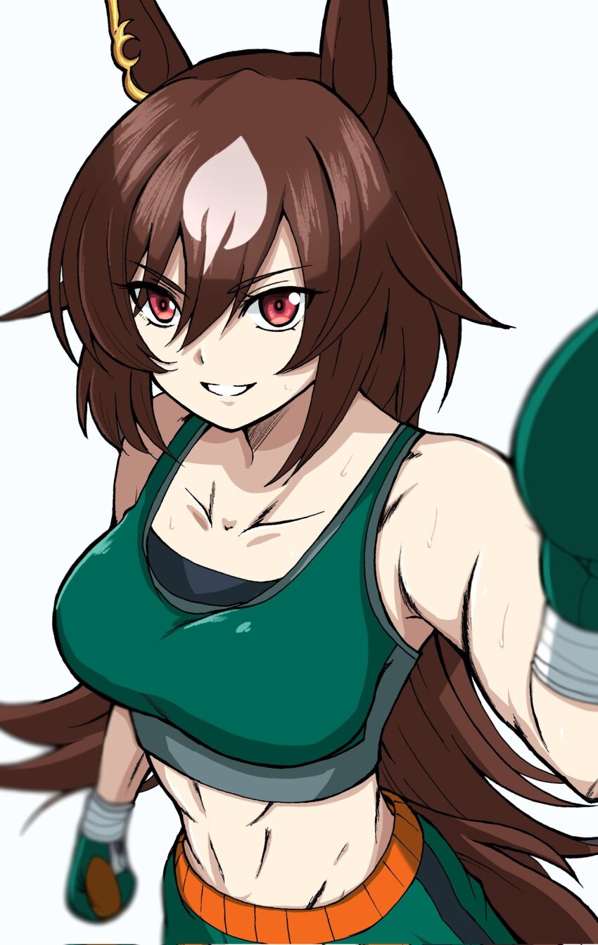 1girl alternate_costume animal_ears arm_at_side bare_shoulders blurry boxing_gloves breasts brown_hair collarbone commission corrupted_twitter_file depth_of_field emapippi green_shorts green_sports_bra hair_between_eyes hand_up highres horse_ears horse_girl horse_tail long_hair looking_at_viewer medium_breasts midriff open_mouth red_eyes shorts sirius_symboli_(umamusume) skeb_commission smile solo sports_bra tail toned umamusume white_background