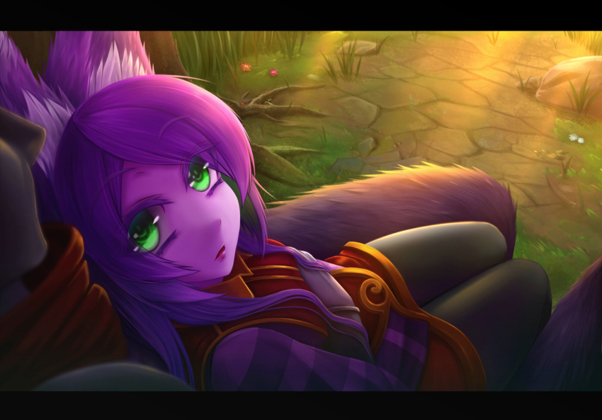 1boy 1girl animal_ears colored_skin green_eyes league_of_legends letterboxed long_hair lulu_(league_of_legends) oldlim purple_hair purple_skin sitting sitting_on_lap sitting_on_person varus yordle