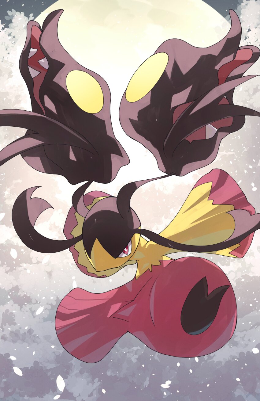 absurdres creatures_(company) extra_mouth full_body game_freak gen_3_pokemon highres jumping long_hair mawile mega_mawile mega_pokemon nintendo open_mouth pokemon pokemon_(creature) red_eyes sharp_teeth simple_background solo teeth zeroartwo