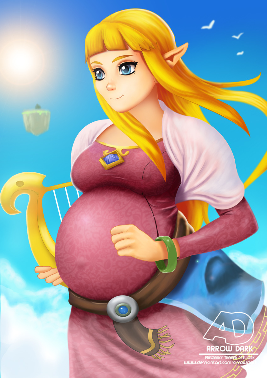 arrowdark bird blonde_hair blue_eyes blue_gemstone blue_necklace cloud cloudy_sky dress fantasy floating_island gem harp instrument long_hair nintendo pink_dress pointy_ears pregnant princess princess_zelda shawl sky smile sun sunlight the_legend_of_zelda the_legend_of_zelda:_skyward_sword white_shawl wind