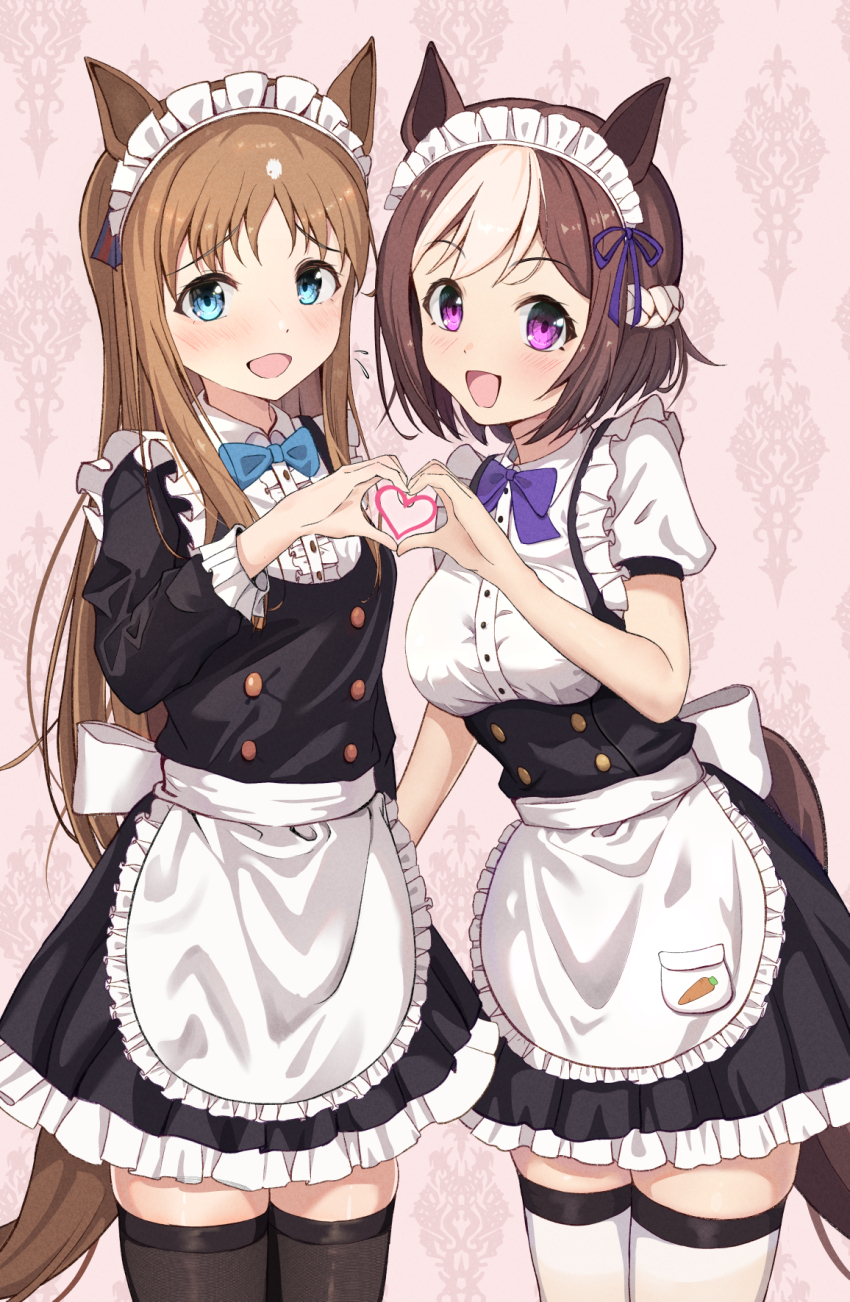 2girls alternate_costume animal_ears apron blue_eyes breasts brown_hair commentary_request enmaided grass_wonder_(umamusume) hair_between_eyes hair_ornament heart heart_hands highres horse_ears horse_girl maid medium_breasts multiple_girls purple_eyes ribbon shuten_(shutehaan) simple_background small_breasts special_week_(umamusume) standing thighhighs umamusume zettai_ryouiki