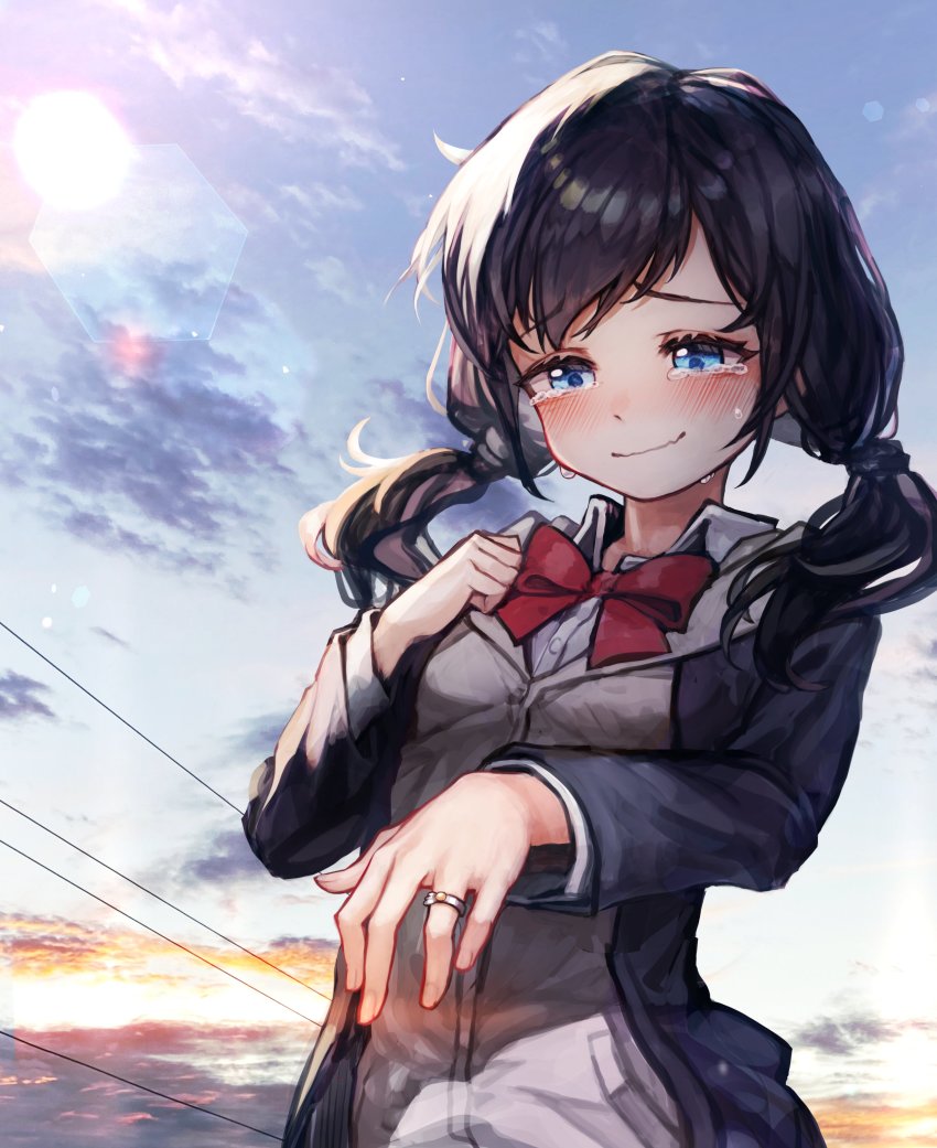 1girl absurdres black_hair black_jacket blue_eyes blue_sky blush bow bowtie breasts buttons cardigan closed_mouth cloud collared_shirt crying day female_focus gilmang grey_cardigan hair_tie half-closed_eyes hand_on_own_chest hand_up happy highres jacket jewelry lens_flare long_hair long_sleeves looking_down nose_blush open_clothes open_jacket original ornate_ring outdoors pocket power_lines red_bow red_bowtie ring school_uniform shirt sky small_breasts smile solo standing sun sunlight swept_bangs tears twintails upper_body wavy_mouth wedding_ring white_shirt