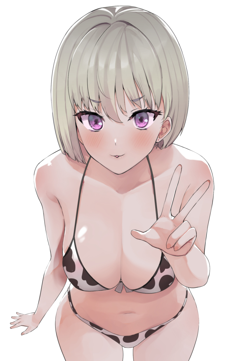 1girl animal_print bare_shoulders bikini blush breasts cleavage cow_print cow_print_bikini grey_hair hareno_chiame highres large_breasts looking_at_viewer navel original print_bikini purple_eyes short_hair smile solo swimsuit thighs white_bikini