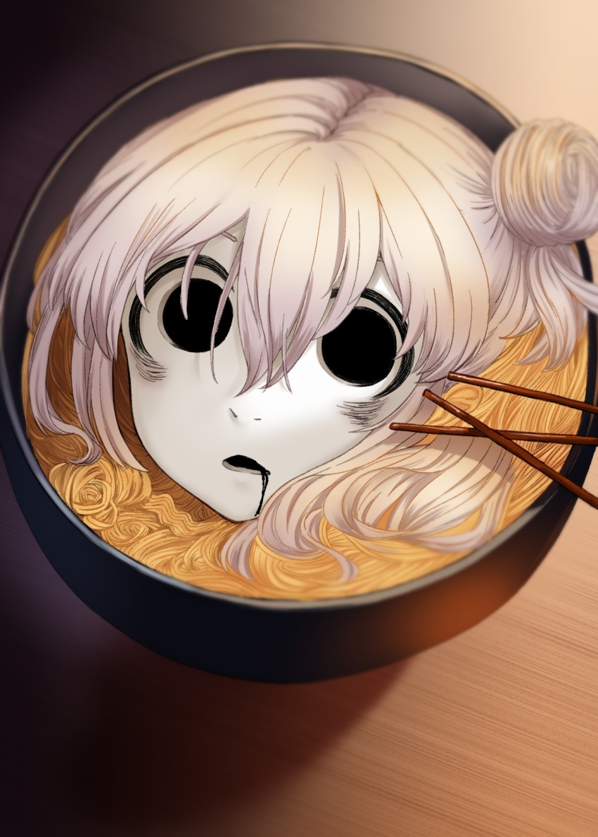 4shi ai-generated_art_(topic) ai_drawing_anime_characters_eating_ramen_(meme) blank_eyes blank_stare bowl colored_skin dango-chan_(4shi) drooling food hair_bun hair_in_food highres looking_at_viewer noodles open_mouth original pink_hair ramen short_hair soup staring sticks table translation_request white_skin wooden_table