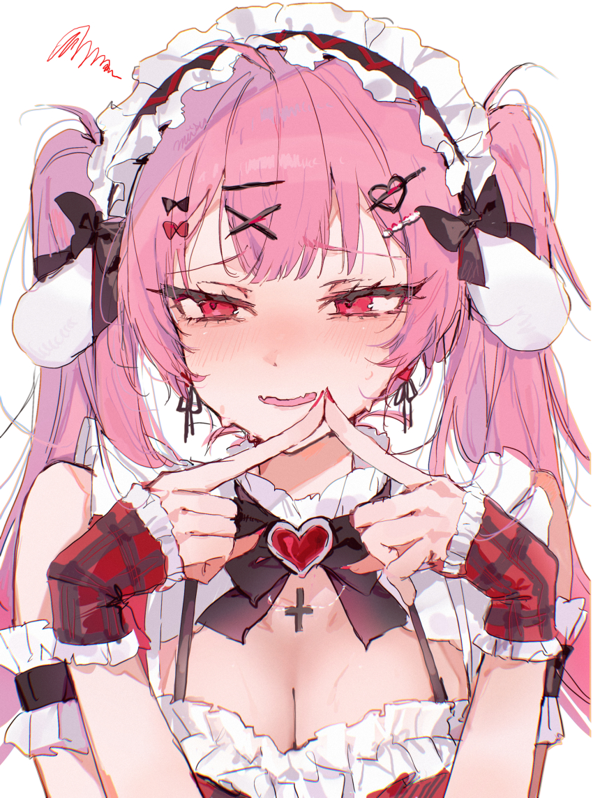 1girl absurdres ahoge amatsuka_eru armlet black_bow black_bowtie blush bow bowtie breasts brooch cleavage commentary fangs hair_ornament hairclip hands_up heart heart_brooch heart_hair_ornament highres indie_virtual_youtuber inverted_cross_necklace jewelry long_hair looking_at_viewer maid_headdress misu_(miisuuu) nail_polish open_mouth pink_hair red_brooch red_eyes red_nails skin_fangs solo squiggle sweatdrop virtual_youtuber wavy_mouth