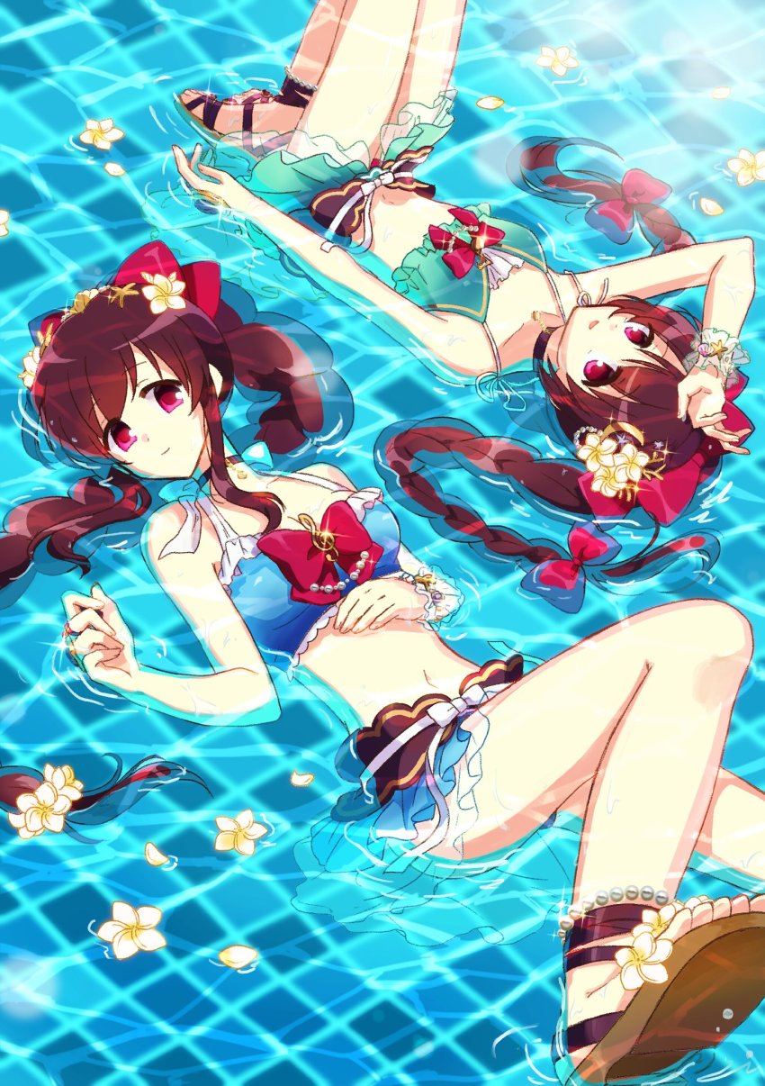 2girls amane_tsukasa amane_tsukasa_(swimsuit_ver.) amane_tsukuyo amane_tsukuyo_(swimsuit_ver.) aqua_bikini arm_at_side bikini bikini_skirt black_choker blue_background blue_bikini bow braid braided_ponytail brown_footwear brown_hair choker closed_mouth coral_hair_ornament eighth_note floating floating_hair flower frilled_cuffs hair_bow hair_flower hair_ornament hair_ribbon halterneck hand_jewel hand_on_own_head hand_on_own_stomach hand_up highres long_hair looking_at_viewer lying magia_record:_mahou_shoujo_madoka_magica_gaiden mahou_shoujo_madoka_magica matching_outfits multiple_girls musical_note on_back on_water parted_lips partially_submerged pendant_choker pool red_bow red_eyes red_ribbon ribbon sandals shell_hair_ornament siblings sidelocks single_braid single_wrist_cuff sisters spaghetti_strap starfish_hair_ornament swimsuit transparent_ribbon treble_clef twin_braids twins very_long_hair water white_ribbon wrist_cuffs yellow_flower yumekogome