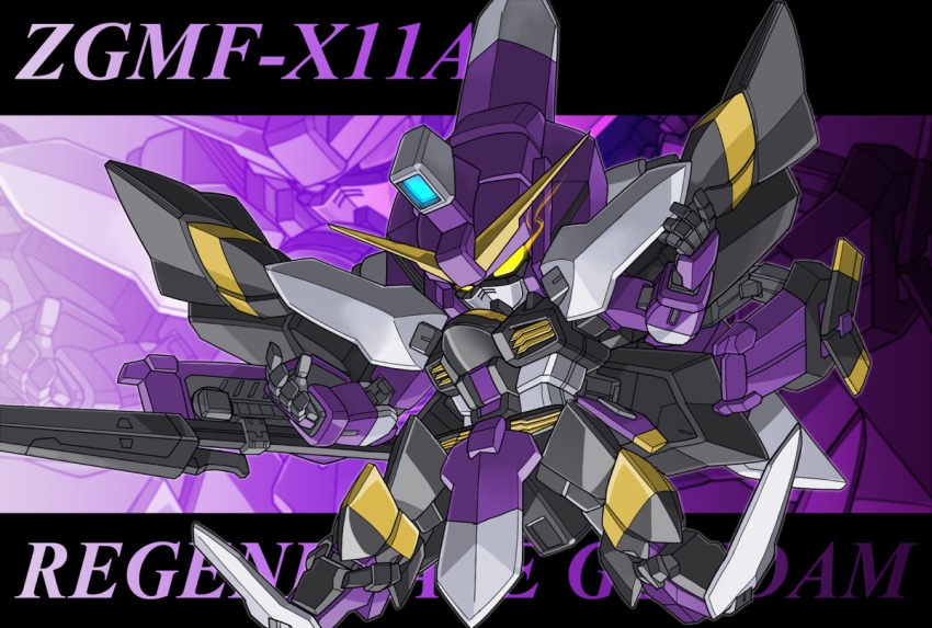 beam_rifle character_name energy_gun glowing glowing_eyes gundam gundam_seed gundam_seed_astray mecha memento_vivi no_humans regenerate_gundam robot weapon yellow_eyes zoom_layer