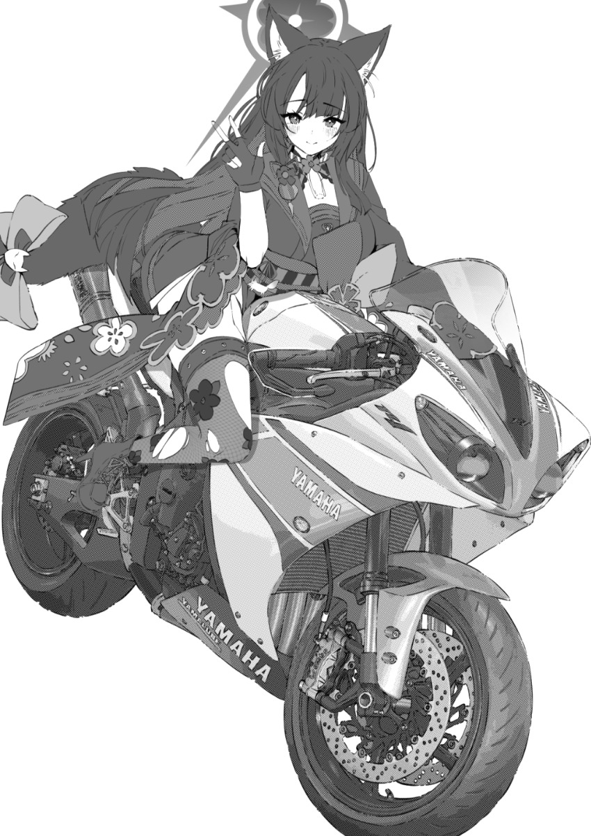 1girl animal_ear_fluff animal_ears black_kimono blue_archive boots fingerless_gloves floral_print fox_ears fox_girl fox_tail gloves halo high_heel_boots high_heels highres japanese_clothes jun_project kimono long_hair looking_at_viewer monochrome motor_vehicle motorcycle on_motorcycle on_vehicle print_kimono ribbon tail tail_ornament tail_ribbon thighhighs torn_clothes torn_thighhighs v wakamo_(blue_archive) white_background yamaha yamaha_yzf-r1