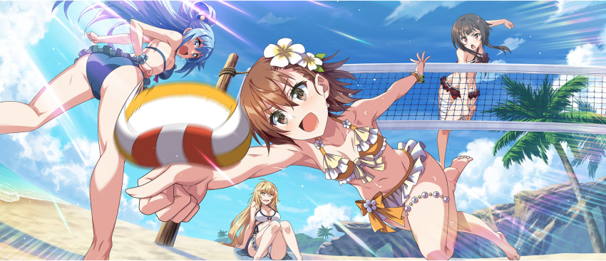 4girls aqua_(konosuba) arm_support armpit_crease ass asymmetrical_bangs ball bandaged_leg bandages bare_arms bare_legs bare_shoulders barefoot beach beach_volleyball beachball bikini bikini_skirt black_ribbon blonde_hair blue_bikini blue_eyes blue_hair blue_scrunchie blue_sky bow bow_bikini bracelet breasts brown_eyes brown_hair cleavage clenched_hand clenched_hands cloud cloudy_sky collarbone criss-cross_straps crossover crotch day exhausted flower frilled_bikini frilled_thigh_strap frills from_below game_cg gekota gem groin hair_behind_ear hair_between_eyes hair_flower hair_ornament hair_rings highres jewelry jumping knees_together_feet_apart knees_up kono_subarashii_sekai_ni_shukufuku_wo! konosuba!_fantastic_days large_breasts leg_up long_hair looking_back looking_down medium_breasts medium_hair megumin misaka_mikoto motion_blur multiple_girls navel official_alternate_costume official_art on_ground open_mouth orange_bikini orange_bow outdoors outstretched_arms palm_tree pearl_(gemstone) pearl_bracelet pouncing reaching red_bikini red_eyes ribbon ribbon-trimmed_bikini ribbon_trim sand scrunchie shokuhou_misaki short_hair short_hair_with_long_locks sideboob sidelocks single_hair_ring sitting sky small_breasts standing star-shaped_pupils star_(symbol) stomach sunlight sweat swimsuit symbol-shaped_pupils thigh_strap thighlet thighs toaru_kagaku_no_railgun toaru_majutsu_no_index tree v-shaped_eyebrows very_long_hair volleyball_(object) volleyball_net water wavy_mouth white_bikini white_flower wrist_scrunchie yellow_eyes