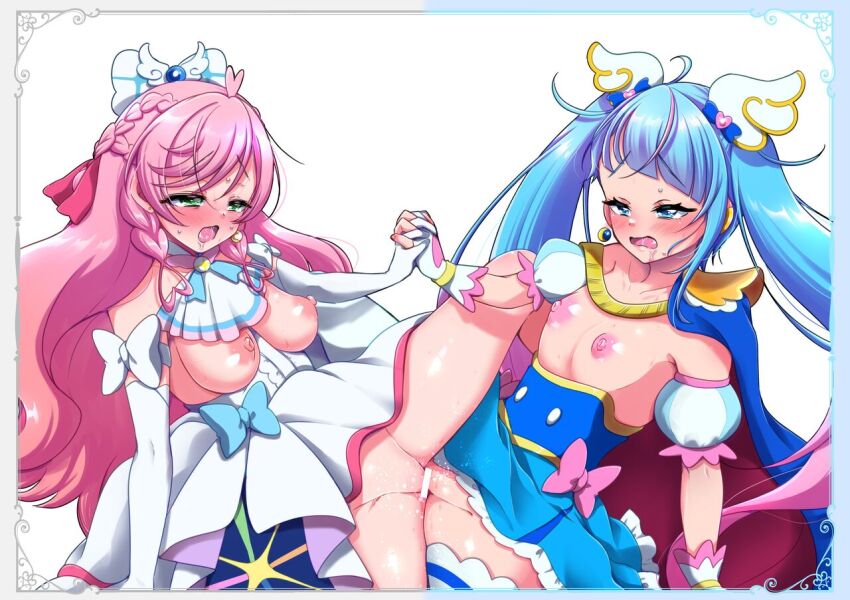 2girls blush bottomless breasts clothed_sex cure_prism cure_sky ecstasy frills full-face_blush highres hirogaru_sky!_precure interlocked_fingers kodomo_doushi large_breasts legs miyano_yuki moaning multiple_girls nijigaoka_mashiro nipples nude open_mouth perky_breasts precure pussy saliva small_breasts sora_harewataru thighs topless transformation tribadism yuri