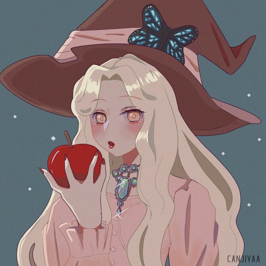 1girl apple artist_name blonde_hair blush canjiya commentary dress english_commentary food fruit gfriend hat holding holding_food holding_fruit jewelry k-pop long_hair long_sleeves looking_at_viewer necklace pink_dress apple red_lips simple_background solo sparkle upper_body witch_hat yerin_(gfriend)