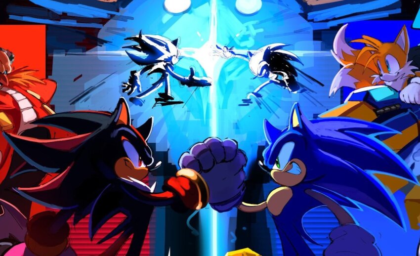 4boys commentary dr._eggman english_commentary furry furry_male green_eyes grin handshake marvel_vs._capcom mecha multiple_boys parody pk_draws_40 red_eyes robot shadow_the_hedgehog smile sonic_(series) sonic_adventure_2 sonic_the_hedgehog tails_(sonic)