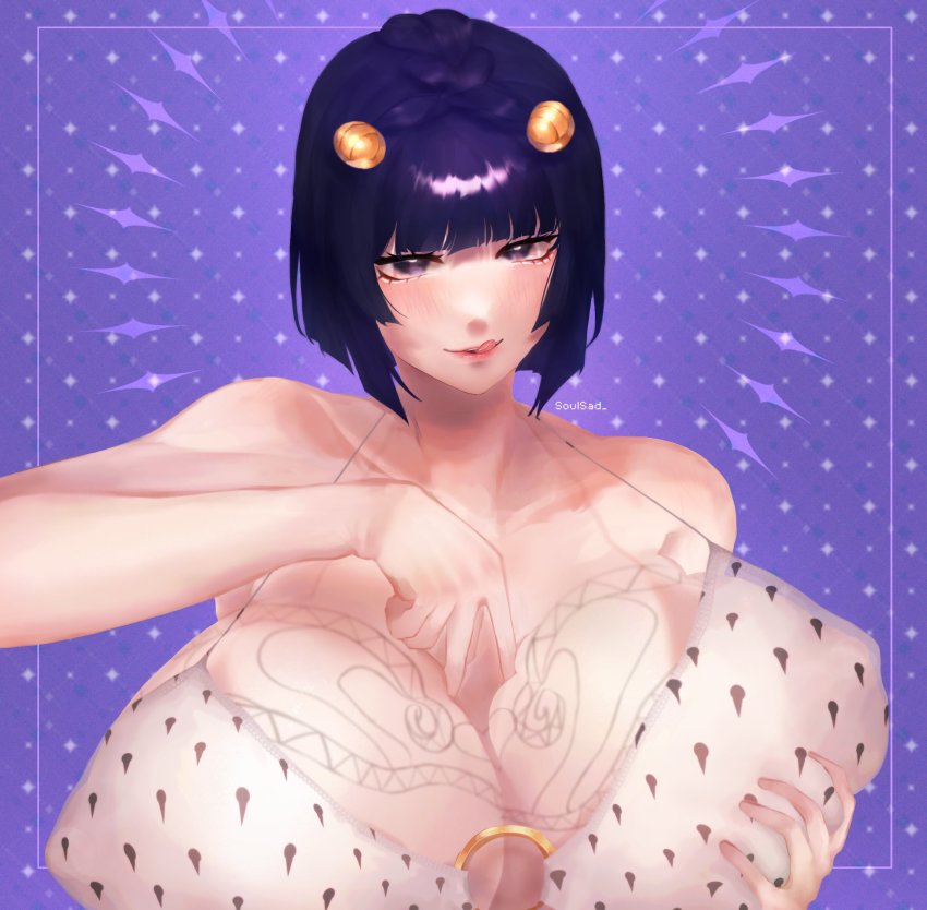 1girl black_hair blue_eyes breast_tattoo breasts bruno_bucciarati focused genderswap genderswap_(mtf) grabbing_another&#039;s_breast groping highres huge_breasts jojo_no_kimyou_na_bouken large_breasts lips tattoo tongue tongue_out vento_aureo