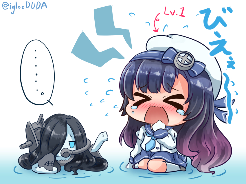 &gt;_&lt; ... 2girls abyssal_ship aqua_eyes aqua_neckwear arrow_(symbol) asimo953 asymmetrical_bangs black_hair blue_hair blue_sailor_collar blue_skirt blush cannon carrying chibi clenched_hand closed_eyes commentary_request crying d: dx furrowed_brow gas_mask gloves gradient_hair grey_footwear hair_over_one_eye hand_up hat highres jitome ka-class_submarine kantai_collection kneehighs long_hair long_sleeves looking_at_another lying mask matsuwa_(kancolle) miniskirt multicolored_hair multiple_girls neckerchief no_pupils nose_blush on_stomach open_mouth outstretched_arm outstretched_hand oxygen_mask partially_submerged pleated_skirt puffy_long_sleeves puffy_sleeves purple_hair reaching ripples sailor_collar sailor_hat school_uniform serafuku ship_turret shirt simple_background sitting skirt sleeve_cuffs socks speech_bubble spoken_ellipsis sweatdrop tears translation_request twitter_username two-tone_hair very_long_hair wariza water wavy_hair wavy_mouth white_background white_gloves white_hat white_legwear white_shirt