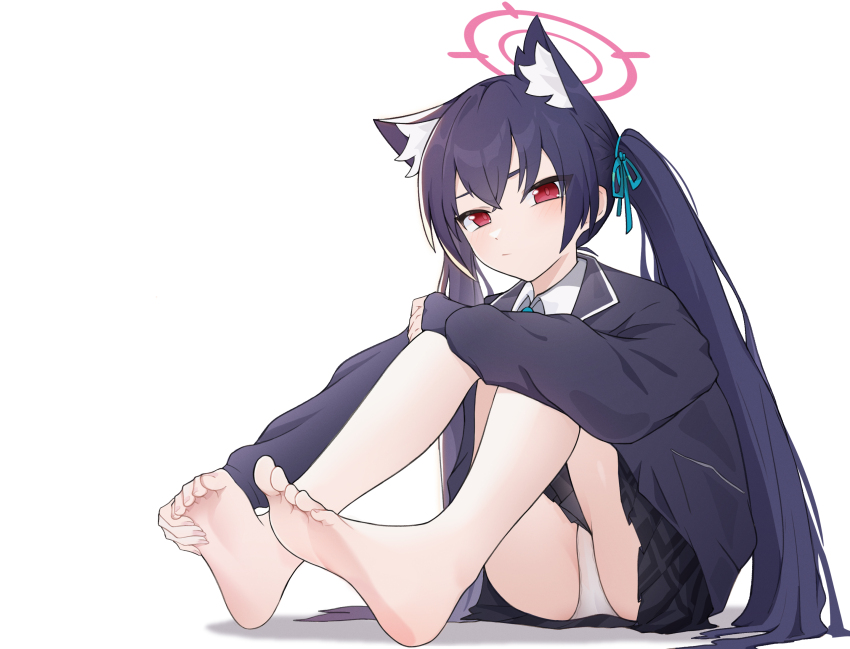 1girl animal_ear_fluff animal_ears barefoot black_hair black_jacket blue_archive blue_ribbon cat_ears collared_shirt extra_ears feet hair_between_eyes hair_ribbon halo highres holding_own_foot hugging_own_legs jacket long_hair long_sleeves looking_at_viewer panties plaid_clothes plaid_skirt pleated_skirt red_eyes ribbon school_uniform serika_(blue_archive) shirt simple_background sitting skirt skull_bash soles solo toe_scrunch toes twintails underwear white_background white_panties white_shirt wolf_ears