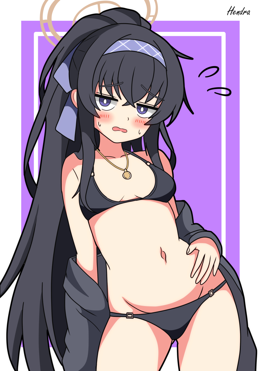 1girl absurdres artist_name bare_shoulders bikini black_bikini black_cloak black_hair blue_archive blush_stickers border breasts cloak cowboy_shot hairband halo hendra highres jewelry long_hair navel necklace official_alternate_costume open_mouth ponytail purple_background purple_eyes purple_hairband small_breasts solo stomach sweatdrop swimsuit thighs ui_(blue_archive) ui_(swimsuit)_(blue_archive) white_border yellow_halo