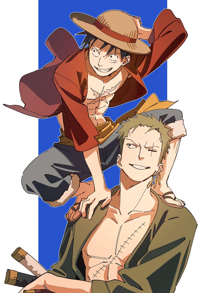 2boys absurdres black_hair blue_background facial_scar green_hair green_kimono grey_shorts grin hat highres japanese_clothes katana kimono looking_to_the_side monkey_d._luffy multiple_boys one_piece open_clothes open_shirt pnpk_1013 red_shirt roronoa_zoro sandals sash scar scar_across_eye scar_on_cheek scar_on_chest scar_on_face shirt short_hair shorts smile standing_on_shoulder straw_hat sword two-tone_background waist_sash weapon white_background yellow_sash