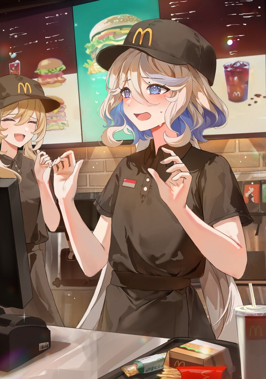 2girls @_@ absurdres alternate_costume black_hat black_shirt blonde_hair blue_eyes blue_hair closed_eyes collared_shirt dasha furina_(genshin_impact) genshin_impact grey_hair hair_between_eyes hands_up hat highres long_hair lumine_(genshin_impact) mcdonald&#039;s multicolored_hair multiple_girls open_mouth outdoors shirt short_sleeves smile store_clerk sweat two-tone_hair