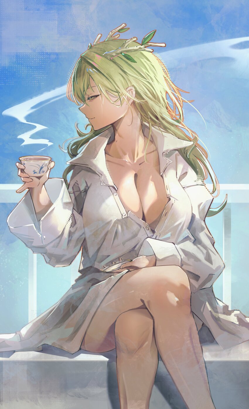 1girl absurdres alternate_costume antlers breasts ceres_fauna cleavage collarbone crossed_legs cup green_hair highres holding holding_cup holding_tray hololive hololive_english horns jacket large_breasts long_hair long_sleeves no_pants outdoors railing sitting solo steam tea teacup toripisu tray virtual_youtuber white_jacket wide_sleeves yellow_eyes