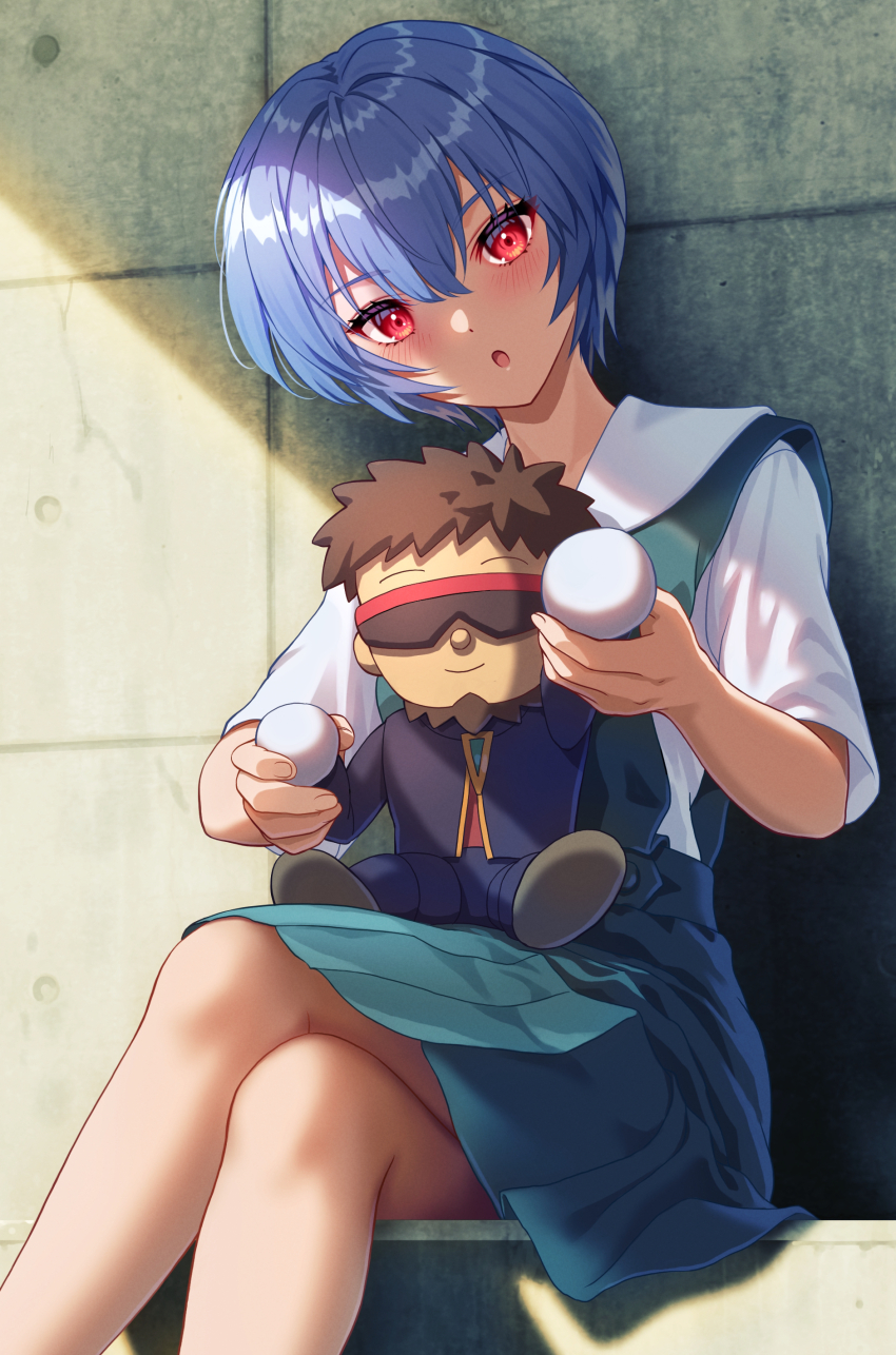 1girl :o absurdres ayanami_rei beard bench black_jacket black_pants blue_hair blue_skirt breasts brown_hair character_doll collared_shirt commentary crossed_legs doll dress_shirt facial_hair feet_out_of_frame head_tilt highres holding holding_doll ikari_gendou jacket looking_at_viewer medium_breasts neon_genesis_evangelion on_bench open_mouth pants playing red_eyes red_undershirt school_uniform shadow shirt short_hair short_sleeves sitting skirt solo stone_wall sunglasses suspender_skirt suspenders tokyo-3_middle_school_uniform white_shirt wrap-around_shades yahha