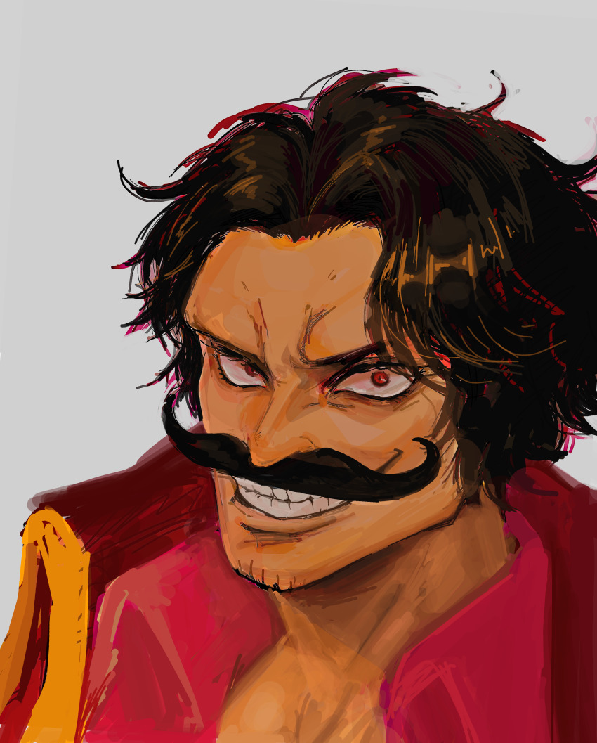 1boy absurdres black_hair coat facial_hair furrowed_brow goatee_stubble gol_d._roger grey_background grin high_collar highres looking_at_viewer male_focus mo_(pixiv89566472) mustache one_piece pink_shirt portrait red_coat red_eyes shirt short_hair simple_background smile solo stubble teeth v-shaped_eyebrows