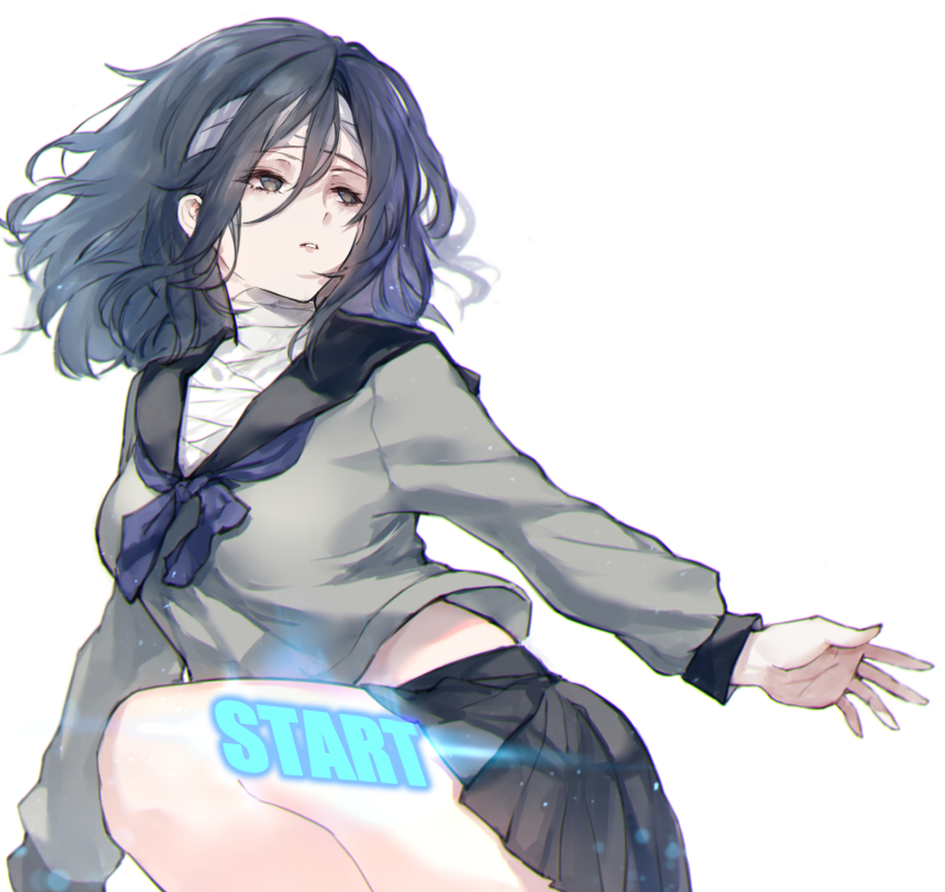 1girl absurdres bandaged_head bandaged_neck bandages black_skirt blue_hair blue_neckerchief english_text glowing grey_eyes grey_serafuku highres juusan_kihei_bouei_ken long_sleeves neckerchief negresco pleated_skirt sailor_collar school_uniform serafuku shinonome_ryouko_(juusan_kihei_bouei_ken) simple_background sitting skirt solo thighs white_background