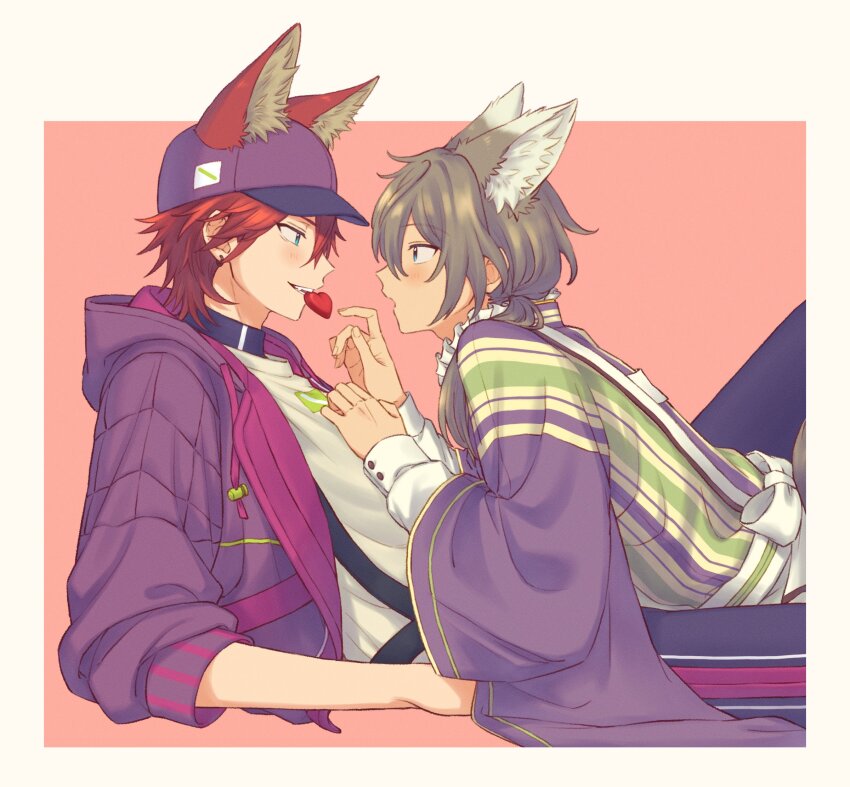 2boys :o amagi_rinne animal_ears back_bow baseball_cap between_legs bishounen border bow earrings ears_back ears_through_headwear ensemble_stars! eye_contact face-to-face fang furisode_sleeves hair_over_shoulder hand_on_another&#039;s_chest hat heart highres hood hoodie jacket jewelry kemonomimi_mode lapels looking_at_another lying male_focus mouth_hold multiple_boys on_person on_stomach open_clothes open_hoodie otabe_(g0hanpanmen) outside_border padded_jacket pants parted_lips pink_background profile purple_hat purple_hoodie reaching reclining shiina_niki sleeves_rolled_up striped_clothes vertical-striped_clothes white_border white_bow wolf_ears yaoi