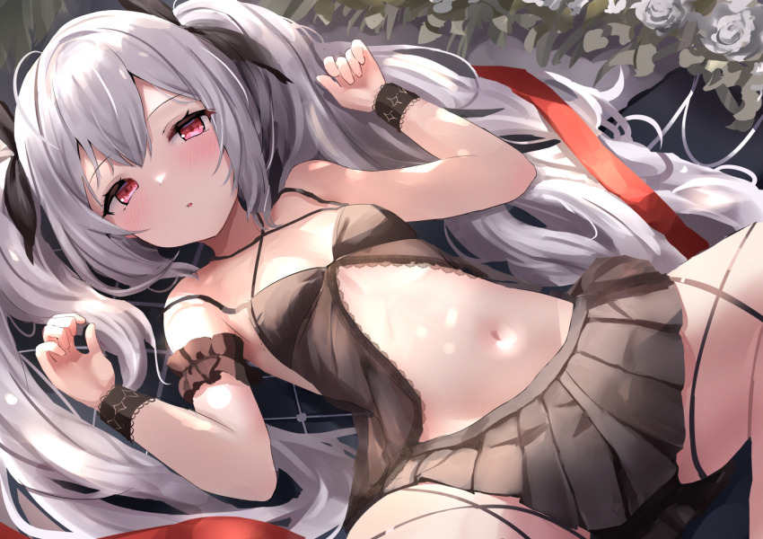 1girl arm_garter azur_lane babydoll bare_shoulders black_babydoll black_ribbon black_skirt blush breasts commentary feet_out_of_frame fishnet_pantyhose fishnets grey_hair hair_between_eyes hair_ribbon hands_up laffey_(azur_lane) laffey_(lazy_days)_(azur_lane) long_hair looking_at_viewer lying manda_(manda9n) miniskirt navel official_alternate_costume on_back pantyhose parted_lips pink_eyes pleated_skirt revealing_clothes revision ribbon skirt small_breasts solo spread_legs stomach twintails wrist_cuffs