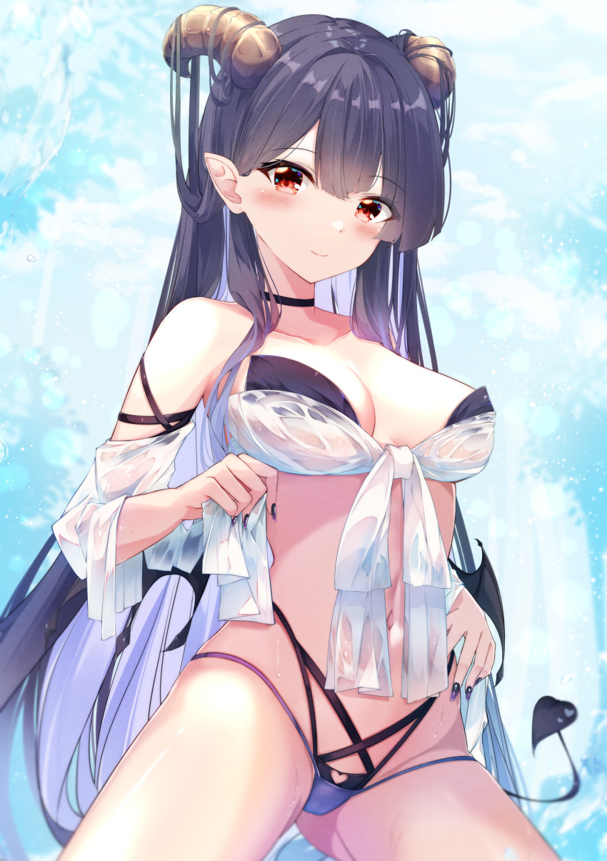 bare_shoulders bikini black_bikini black_choker black_hair black_nails blue_sky blush breasts choker closed_mouth cloud cloudy_sky collarbone commentary_request day demon_girl demon_horns demon_tail fuuna groin hair_between_eyes highleg highleg_bikini highres horns long_hair looking_at_viewer medium_breasts nail_polish navel original outdoors pointy_ears red_eyes see-through_clothes sky smile solo swimsuit tail very_long_hair