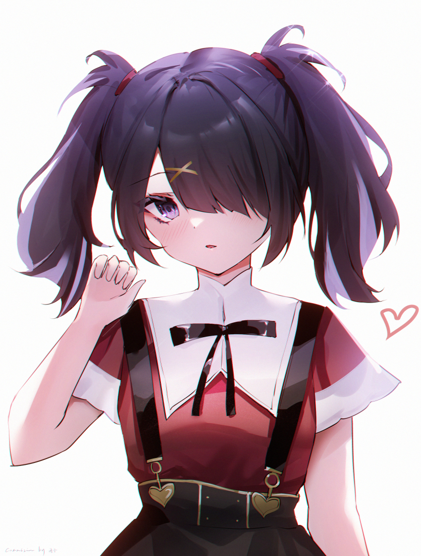 1girl absurdres ame-chan_(needy_girl_overdose) black_hair black_ribbon black_skirt collared_shirt commentary_request commission hair_ornament hair_over_one_eye hand_up highres long_hair looking_at_viewer neck_ribbon needy_girl_overdose open_mouth purple_eyes ribbon shirt short_sleeves simple_background skirt solo suspender_skirt suspenders twintails upper_body usagi_(786113654) white_background x_hair_ornament