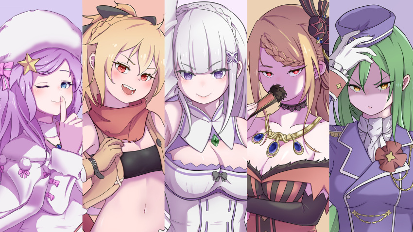 5girls anastasia_hoshin blonde_hair breasts cleavage crusch_karsten emilia_(re:zero) felt_(re:zero) highres large_breasts long_hair midriff multiple_girls navel priscilla_barielle purple_eyes re:zero_kara_hajimeru_isekai_seikatsu red_eyes