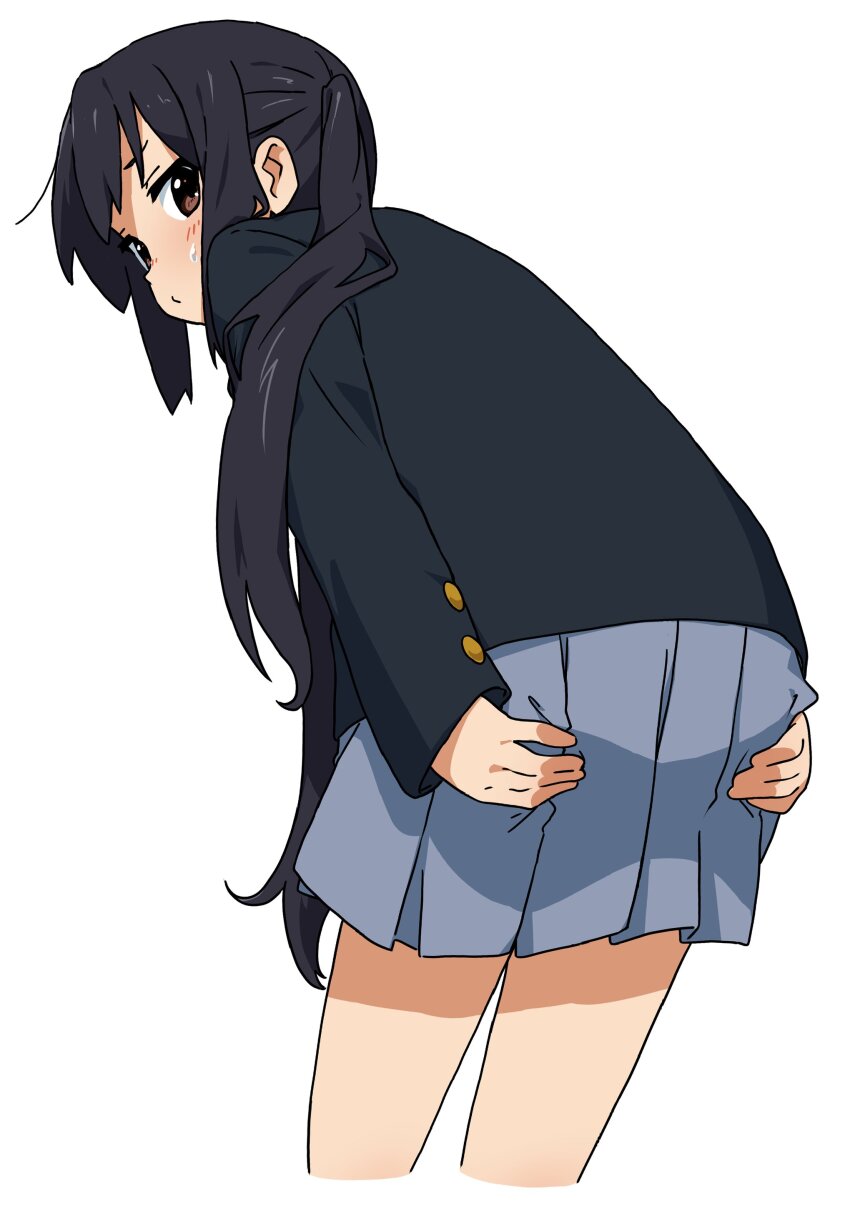 1girl absurdres black_hair blazer blue_jacket blue_skirt buttons commentary cropped_legs embarrassed from_behind from_below hands_on_own_ass highres jacket k-on! kicchi_(tmgk) leaning_forward long_hair looking_back nakano_azusa pleated_skirt sidelocks skirt skirt_tug solo sweatdrop symbol-only_commentary twintails white_background