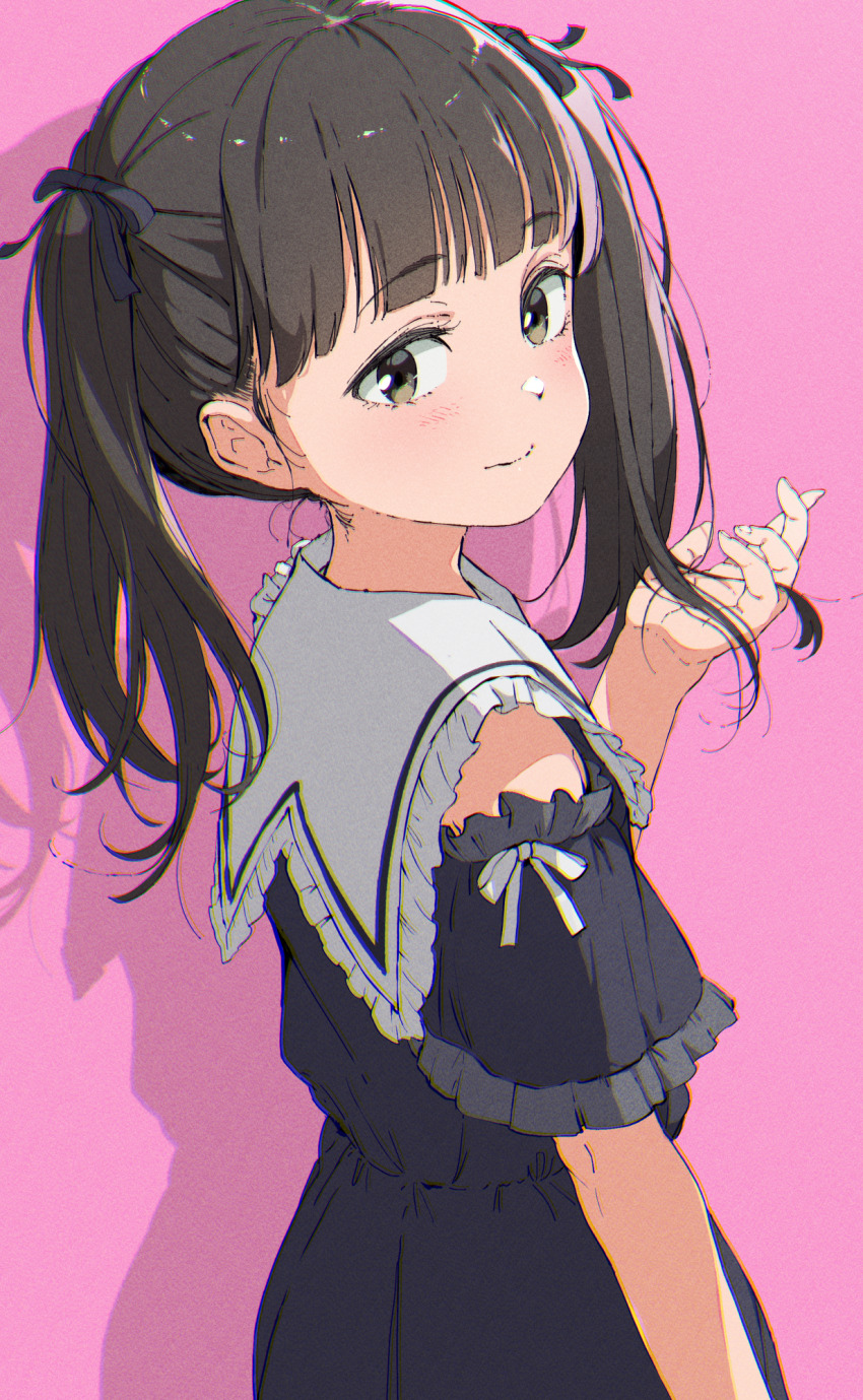 1girl black_dress blunt_bangs bow brown_eyes brown_hair commentary_request dress frills gomennasai hair_bow hand_in_own_hair highres long_hair looking_at_viewer looking_back original pink_background shadow short_sleeves smile solo twintails upper_body