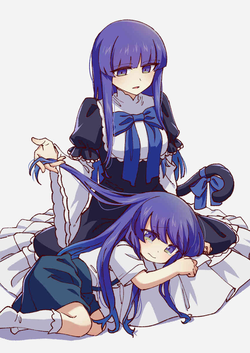 2girls absurdres black_dress black_tail blue_ribbon cat_tail child creator_connection crying crying_with_eyes_open dress dual_persona expressionless frederica_bernkastel frilled_dress frills furude_rika highres higurashi_no_naku_koro_ni hime_cut in-franchise_crossover kokugimanga long_sleeves looking_at_another lying_on_lap multiple_girls open_mouth overall_skirt playing_with_another&#039;s_hair puffy_sleeves ribbon sad shirt simple_background socks tail tail_ornament tail_ribbon tears umineko_no_naku_koro_ni white_background white_shirt white_socks