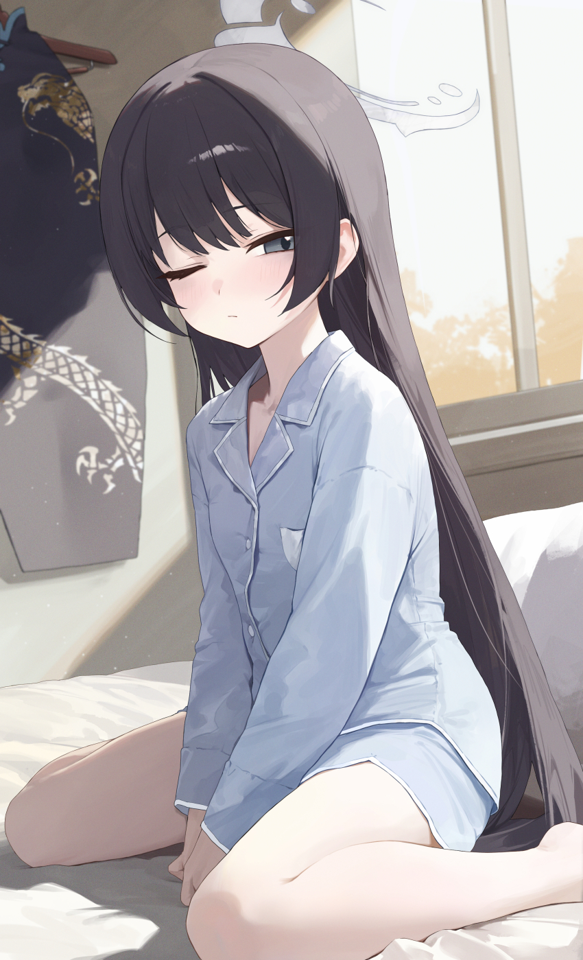 1girl absurdres alternate_costume arms_between_legs bare_legs black_dress black_hair blue_archive blue_pajamas blue_shirt blue_shorts blush china_dress chinese_clothes closed_mouth clothes_hanger commentary_request dress grey_eyes grey_halo hair_down halo highres indoors kisaki_(blue_archive) long_hair long_sleeves looking_at_viewer on_bed one_eye_closed pajamas shirt shorts sitting solo thighs toi1et_paper unworn_dress wariza