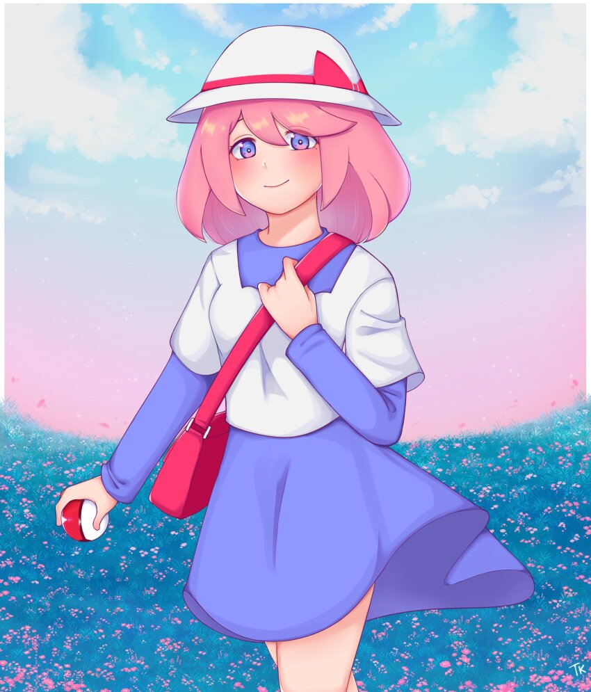 1girl absurdres bag blue_dress blue_sky blush closed_mouth cloud commission creatures_(company) cropped_shirt dress game_freak hand_up highres holding holding_poke_ball long_sleeves looking_at_viewer nintendo outdoors poke_ball pokemon pokemon_bw2 purple_eyes red_bag shirt short_dress short_hair shoulder_bag sky smile solo swept_bangs takoyan_(takoyaart) white_hair white_shirt yancy_(pokemon)