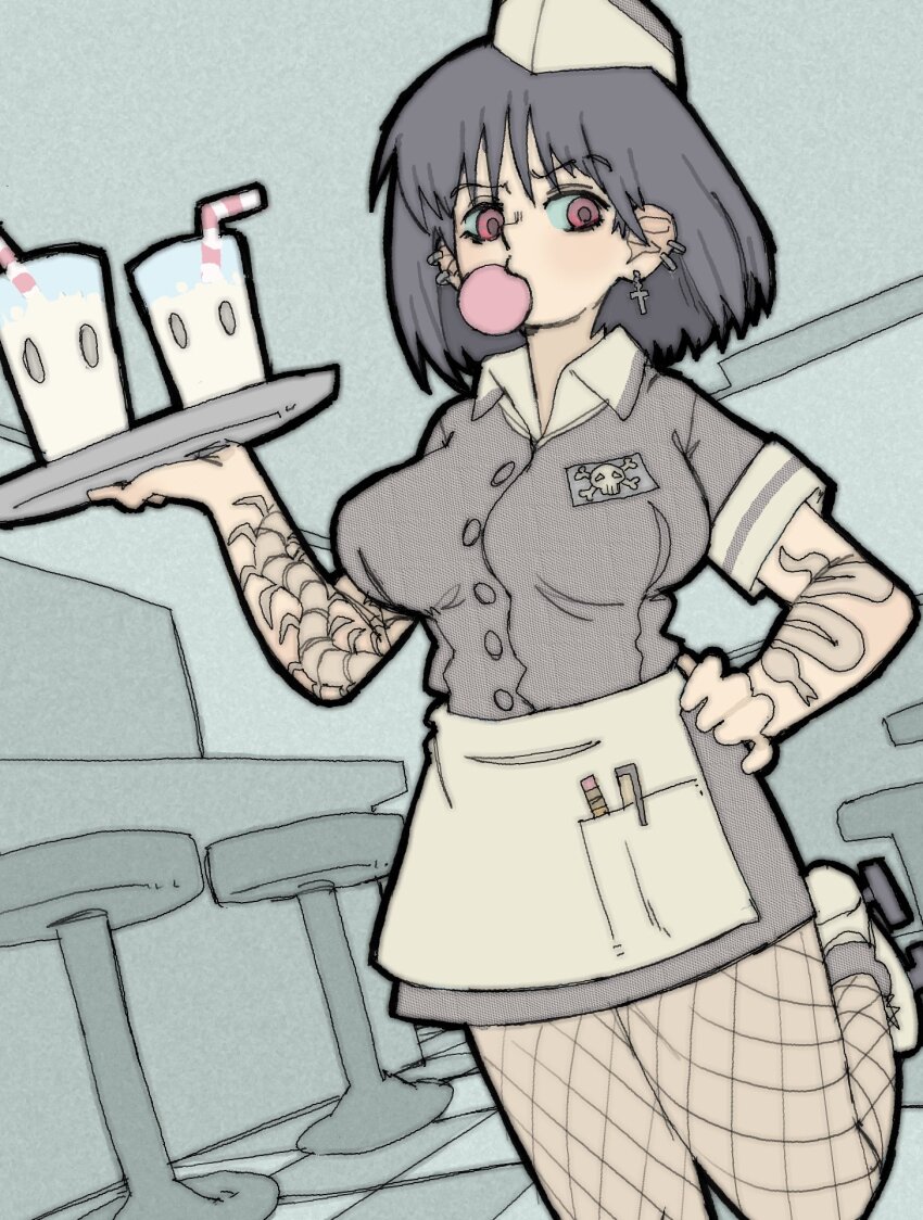 1girl apron arm_tattoo bar_stool blowing_bubbles breasts breasts_out chainsaw_man checkered_floor chewing_gum collarbone cross cross_earrings dutch_angle ear_piercing earrings female_focus fishnets flat_color hand_on_own_hip hat highres himeno_(chainsaw_man) holding indoors jewelry large_breasts milkshake multiple_earrings pantsu-ripper pen pencil piercing red_eyes roller_skates serving_tray short_hair short_sleeves sideways_glance skates skull_and_crossbones solo standing standing_on_one_leg stool tattoo waitress waitress_uniform