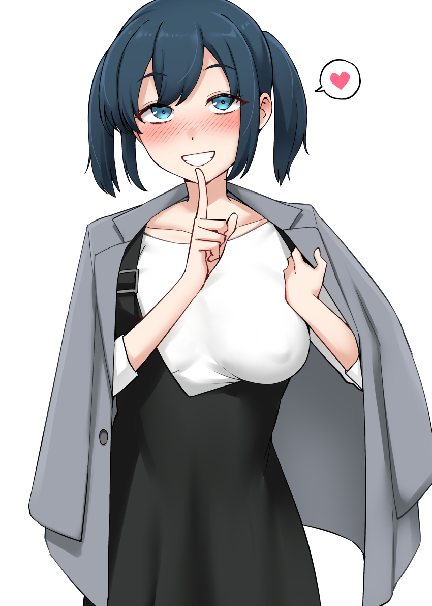 1girl absurdres alternate_costume black_dress blue_eyes blue_hair blush breasts covered_erect_nipples dress grey_jacket grin heart highres index_finger_raised jacket jacket_on_shoulders kantai_collection kiritto large_breasts nose_blush shirt short_twintails sidelocks simple_background smile solo souryuu_(kancolle) souryuu_(kure)_(kancolle) spoken_heart twintails white_background white_shirt