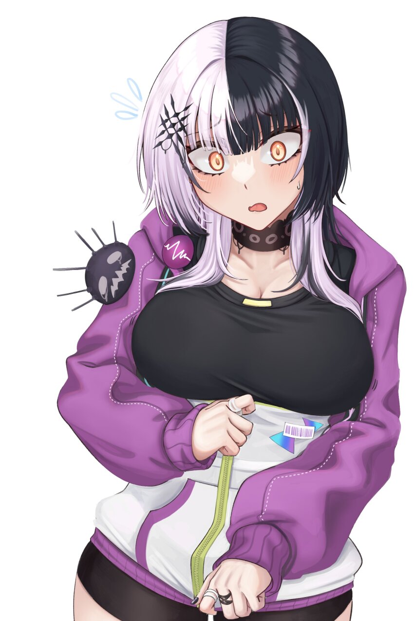 1girl absurdres black_choker black_hair black_shirt breasts choker cleavage flying_sweatdrops grey_hair hair_ornament highres hololive hololive_english jacket large_breasts long_hair mmneko multicolored_hair multicolored_jacket open_mouth purple_jacket shiori_novella shirt simple_background solo split-color_hair sweat two-tone_hair two-tone_jacket virtual_youtuber white_background white_jacket yorick_(shiori_novella)