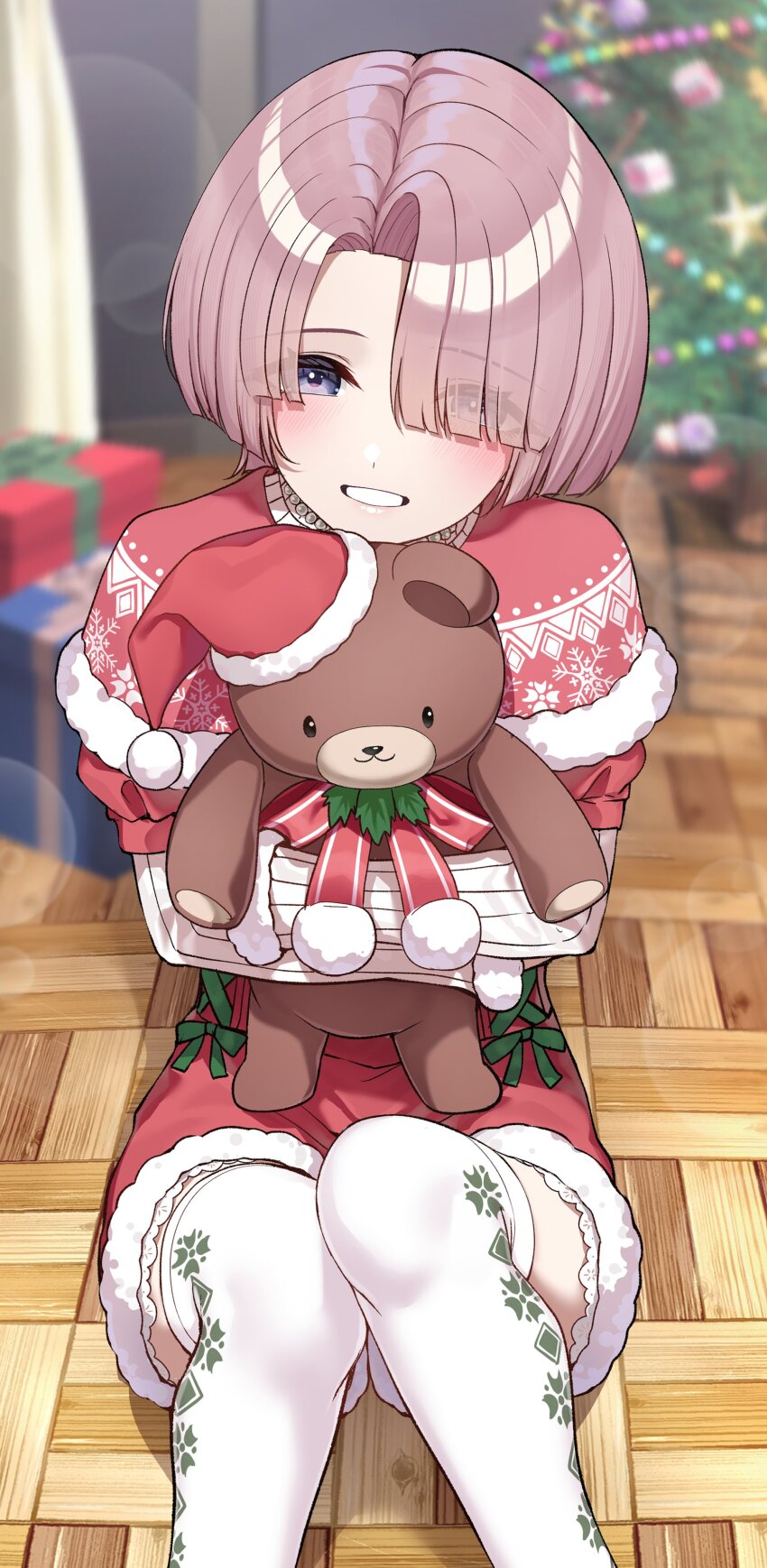 1girl absurdres arimura_mao blue_eyes blunt_bangs blurry blurry_background blush christmas_tree gakuen_idolmaster go-1 hat highres holding idolmaster looking_at_viewer pink_hair santa_costume santa_hat short_hair smile solo stuffed_animal stuffed_toy teddy_bear thighhighs thighs white_thighhighs