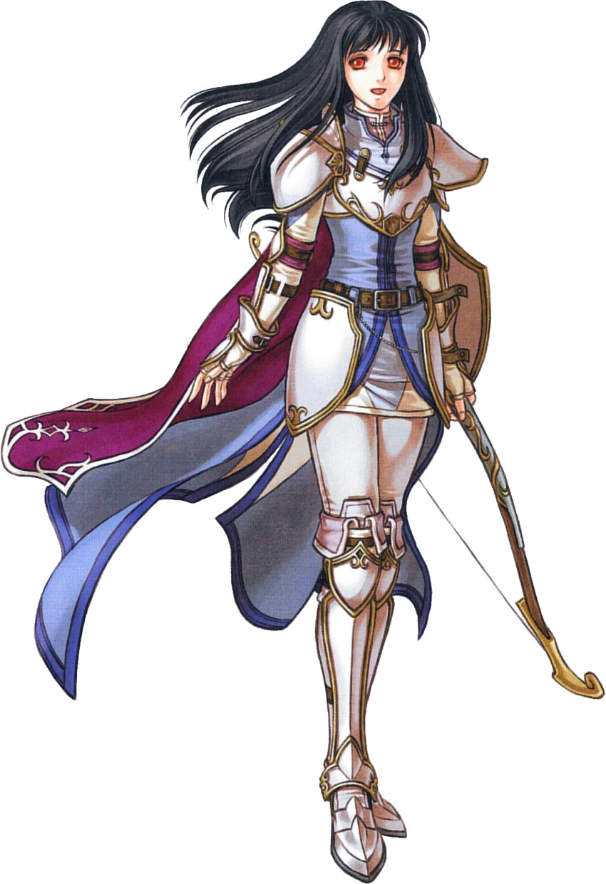 1girl :d armor astrid_(fire_emblem) belt black_hair bow_(weapon) breastplate brown_eyes cape clenched_hands fingerless_gloves fire_emblem fire_emblem:_radiant_dawn full_body gloves highres holding holding_bow_(weapon) holding_weapon kita_senri long_hair nintendo official_art open_mouth pauldrons shoulder_armor smile solo weapon