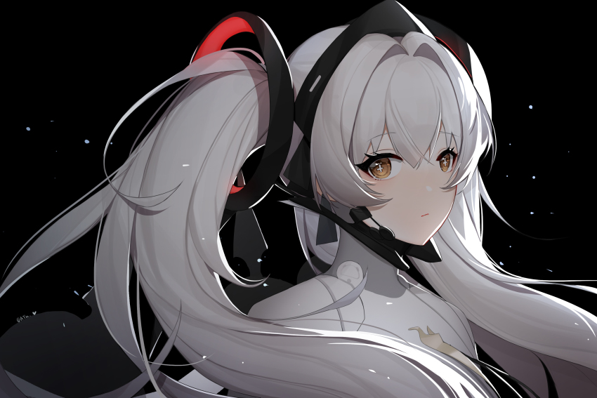 absurdres artist_name ayu_(ayuyu0924) black_background bodysuit closed_mouth hair_between_eyes highres long_hair looking_at_viewer luna:_laurel_(pgr) luna_(pgr) punishing:_gray_raven signature silver_hair simple_background solo twintails yellow_eyes