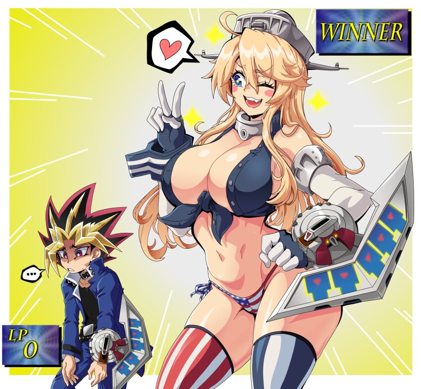 1boy 1girl ;d ? absurdres american_flag american_flag_panties american_flag_print bare_shoulders bikini black_hair blonde_hair blue_eyes blush breasts card cleavage closed_mouth collarbone commission crossover dyed_bangs elbow_gloves fingerless_gloves flag_print garter_straps gloves hair_between_eyes headgear heart highres iowa_(kancolle) jacket kantai_collection large_breasts lewdamone life_points long_hair looking_at_viewer mismatched_pupils multicolored_hair muto_yugi navel one_eye_closed open_mouth panties pants print_panties purple_eyes purple_hair school_uniform shirt side-tie_panties smile spiked_hair star-shaped_pupils star_(symbol) swimsuit symbol-shaped_pupils thighhighs tongue tongue_out underwear v victory white_gloves yu-gi-oh!