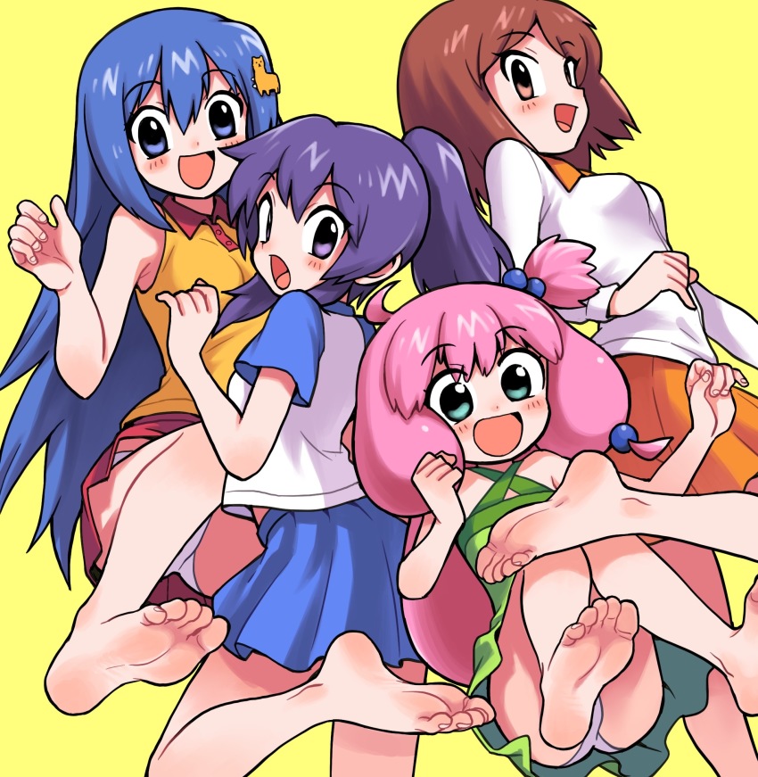 4girls bandou_marimo blue_eyes blue_hair blush brown_eyes brown_hair feet highres long_hair multiple_girls oshimoto_yuri oyatsu_(mk2) panties pantyshot pink_hair ponytail purple_eyes purple_hair shinjou_kanae_(teekyuu) short_hair skirt smile soles takamiya_nasuno teekyuu toes underwear