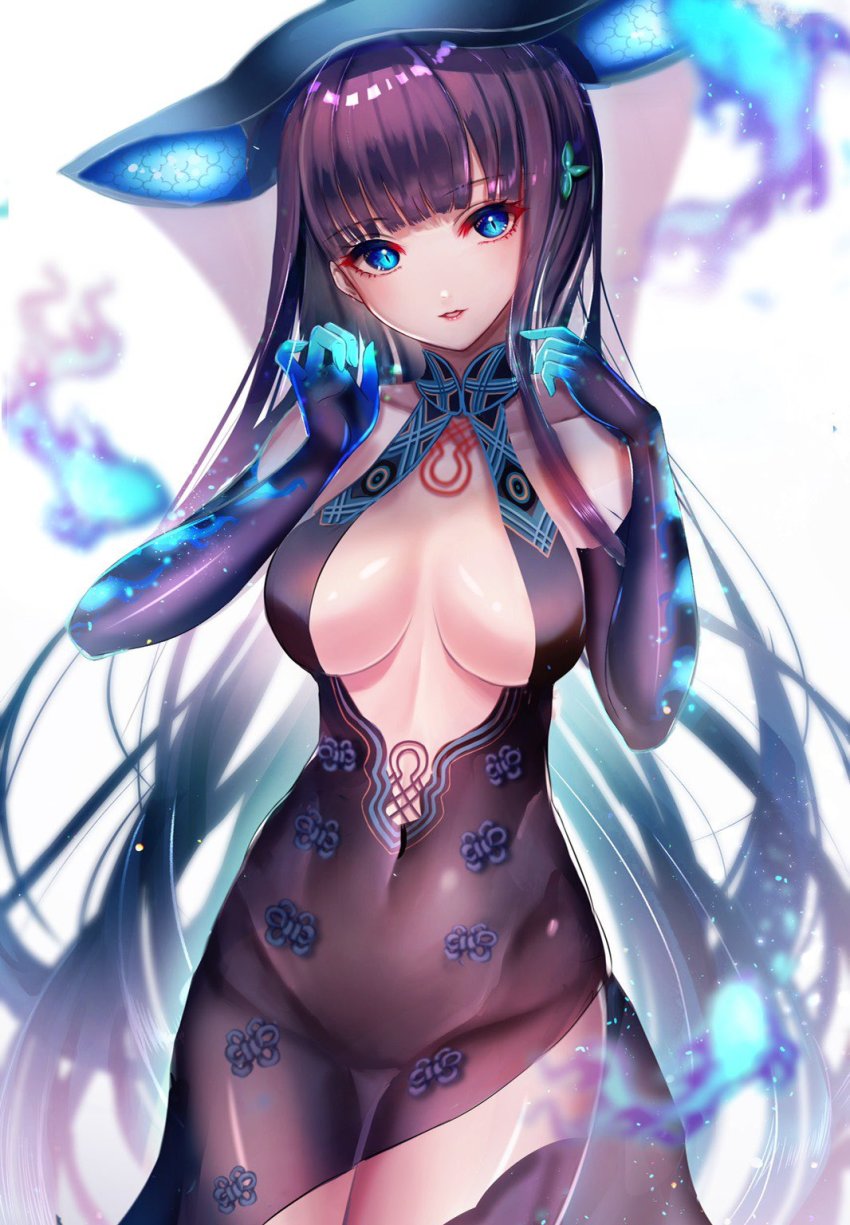 1girl bare_shoulders black_dress blue_eyes blunt_bangs blush breasts chiachun0621 china_dress chinese_clothes detached_sleeves dress fate/grand_order fate_(series) hair_ornament hands_up highres large_breasts long_hair looking_at_viewer parted_lips purple_hair see-through_clothes sidelocks smile solo thighs very_long_hair yang_guifei_(fate) yang_guifei_(third_ascension)_(fate)