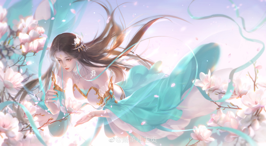 1girl absurdres brown_hair closed_mouth detached_collar detached_sleeves doupo_cangqiong dress facial_mark falling falling_petals flower forehead_mark gu_xun_er_(doupo_cangqiong) hair_ornament highres long_hair long_sleeves petals sky solo white_dress wind xiao_xun_er_shiguang_lu