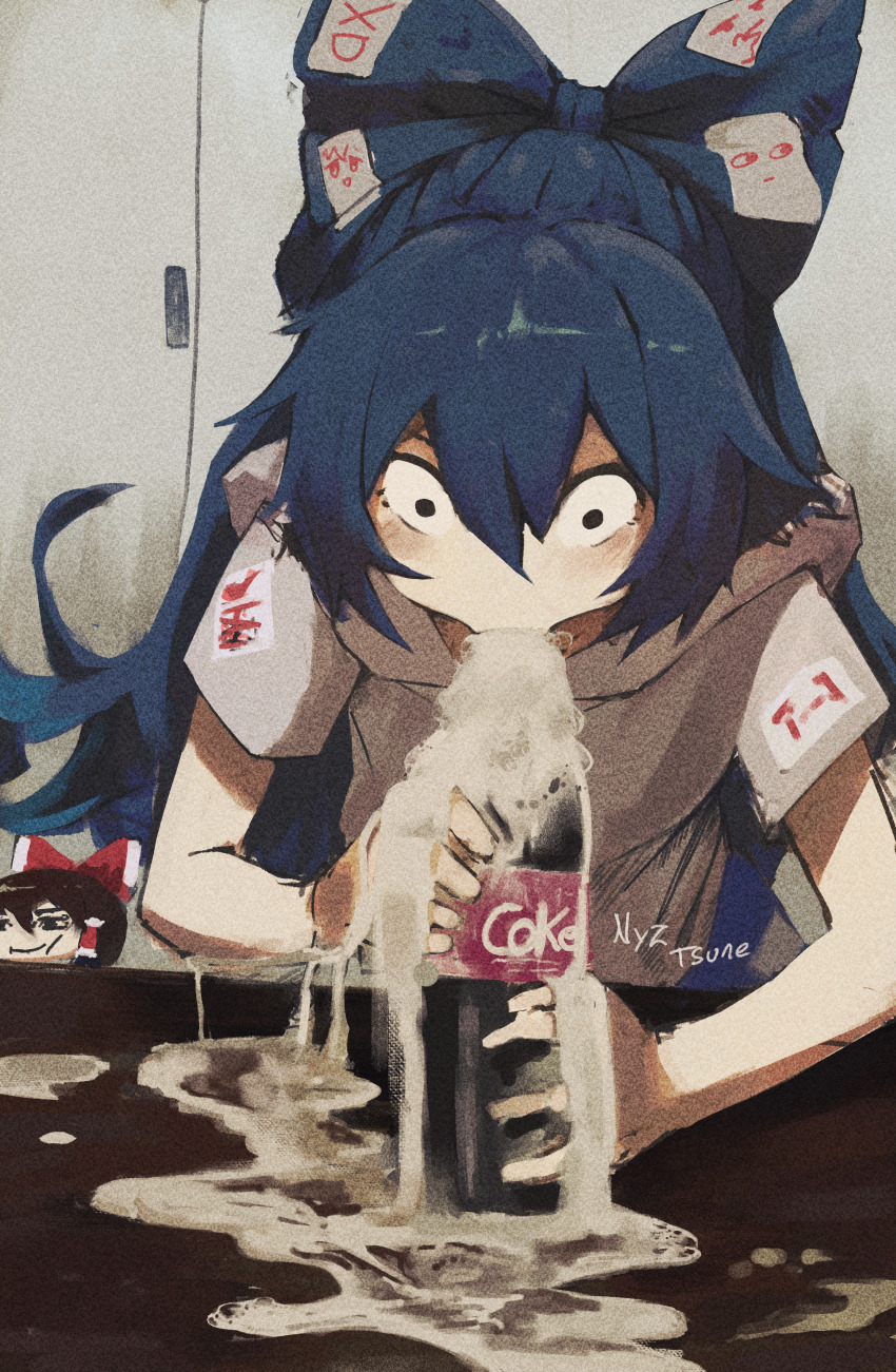 2girls absurdres artist_name black_eyes blue_bow blue_hair bottle bow coca-cola constricted_pupils film_grain grey_hoodie hair_between_eyes hair_bow hakurei_reimu highres hood hood_down hoodie indoors long_hair meme multiple_girls photo-referenced roblox roblox_man_face_(meme) short_sleeves soda_bottle solo_focus spill suggestive_fluid table touhou watermark wide-eyed yorigami_shion yukkuri_shiteitte_ne zhykyon