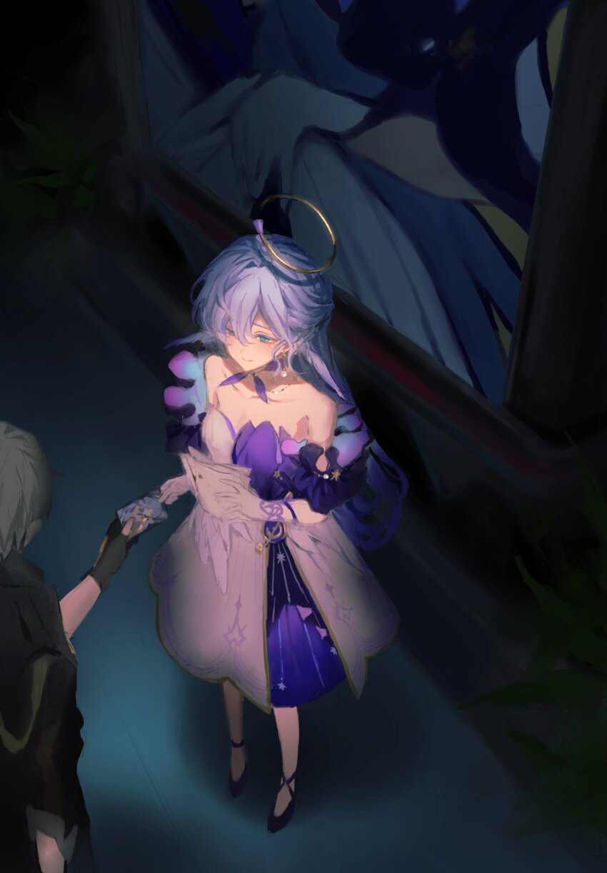 0p78xopwsj83779 1boy 1girl caelus_(honkai:_star_rail) choker collar dress face_jewel grey_hair halo halo_behind_head head_wings highres honkai:_star_rail honkai_(series) jewel_under_eye purple_choker purple_collar purple_dress purple_sleeves robin_(honkai:_star_rail) strapless strapless_dress trailblazer_(honkai:_star_rail) two-tone_dress white_dress white_wings wings